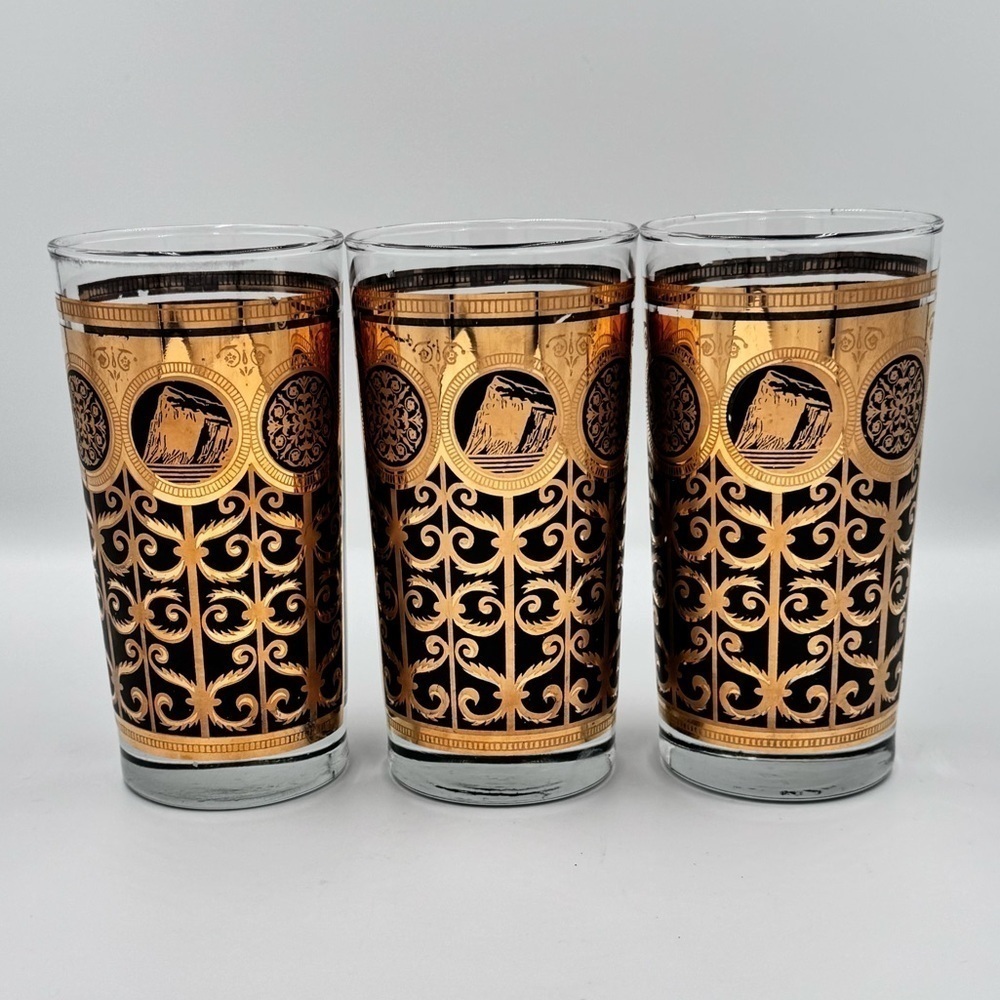 Vintage MCM Fred Press 22k Gold and Black Glasses - Set of 3